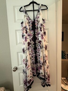 White House Black Market White Floral High-Low Dress with Purple Print, Size 14